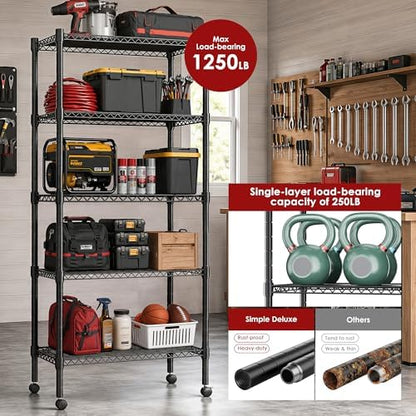 Simple Deluxe 5-Tier Heavy Duty Adjustable Shelf with Wheels, 23.23”W x 13.39”D x 59.45”H,Metal Storage Rack, Easy Tool-Free Assembly for Garage, Warehouse, Basement, Laundry, Black