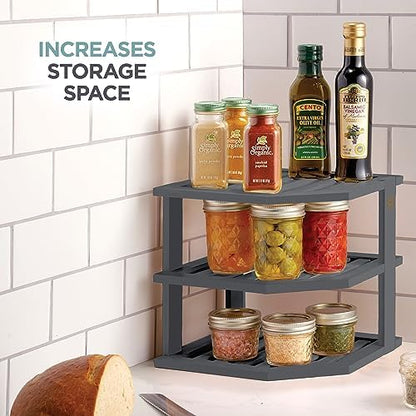 Bambüsi Grey 3-Tier Corner Shelf, Kitchen Cabinet Organizer, Bamboo Rack