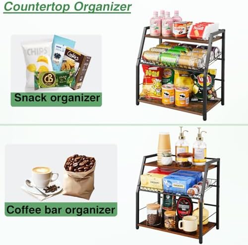 Kitchen Countertop Organizer, 3 Tiers Snack Organizer Wooden Candy Display Stand Coffee Station Organizer, Counter Storage for Soda Cans Condiment Tea, for Pantry Office