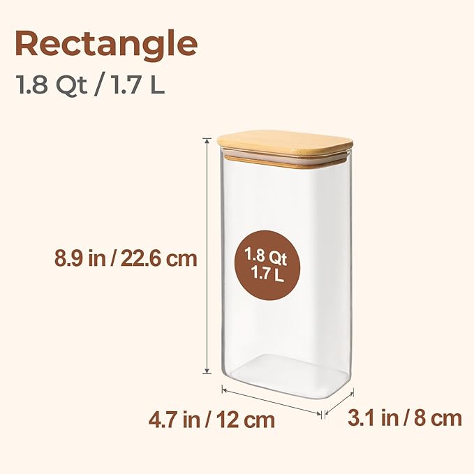 ComSaf 1.8 Qt Rectangle Glass Storage Containers with Lids, Glass Jars with Bamboo Lids, Clear Food Storage Jar, Sugar Coffee Containers, Pantry Storage Container for Pasta Rice Flour Oats Nuts Tea