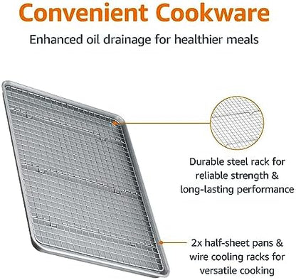 Amazon Basics Ceramic Nonstick Baking Sheets & Cooling Rack Set, Dishwasher Safe, Oven Safe, Half Sheet Size, Gray, 2-Pack