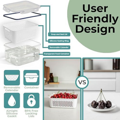 5 Pack Large Fruit Storage Containers for Fridge with Removable Colander