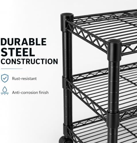 Simple Deluxe 3-Tier Heavy Duty Adjustable Storage Shelf with Wheels, 23.23”W x 13.39”D x 30.31”H, Mobile or Stationary Metal Shelving Unit, Easy Assembly for Kitchen, Pantry, Laundry Room, Black