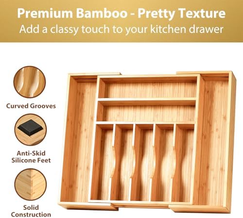 Umilife Large Expandable Kitchen Silverware Utensils Drawer Organizer, 2.5" Extra High Adjustable Drawer Divider with Curved Grooves, Bamboo Wood Cutlery Tray Flatware Holder