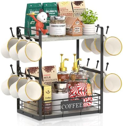 EsLuker.ly Coffee Mug Cup Holder Tree Bar Station Organizer, 2 Tier Light Grey