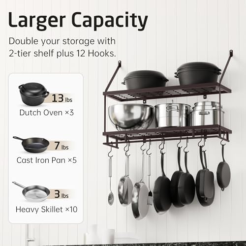 KES 30-Inch Oiled Bronze Pot Rack Wall Mounted, 100 Lbs Capacity, 12 Hooks