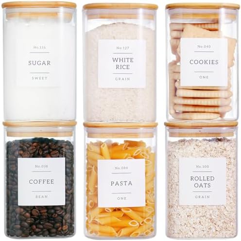 CZZGSM 6 Pack Square Kitchen Storage Jars with Airtight Bamboo Lids and 132 Pantry Labels - 35oz Glass Canisters With Wood Lids - Food Storage Containers for Coffee, Cookie, Tea, Spice