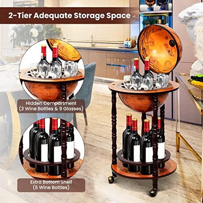 COSTWAY Globe Wine Bar Cabinet, Italian Replica Bar Cart with Wheels and Liquor Bottle Shelf, Solid Wood Wine Bar Stand for Home, Kitchen, Bar, Pub (Brown)