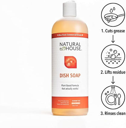 Natural House Scrubby - Plant-Based Enzyme Hand Dish Soap - Cuts Grease, Gentle on Hands - Septic-Safe, Plumbing-Friendly - Sensitive Skin Friendly - Citrus Scent - 32 oz
