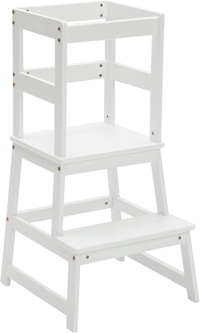 Kids Kitchen Step Stool with Safety Rail,Wooden Toddler Standing Tower for Kitchen Counter, Kids Montessori Stool, Solid Wood Construction,White