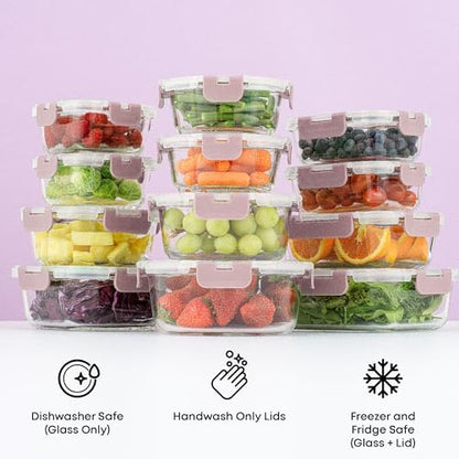 JoyJolt 24pc Borosilicate Glass Storage Containers with Lids | 12 Airtight/Freezer Safe Food Storage Containers for Pantry and Kitchen | Meal Prep Container for Lunch | Glass meal Set