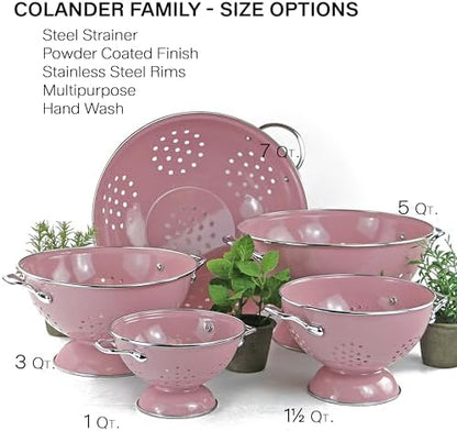 Reston Lloyd, 1 Quart Powder Coated Steel Kitchen Strainer Basket for draining Pasta, Vegetable and Fruit, Chrome Handles and Wide Stable Base, Pink