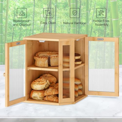 HOOBRO Bread Box, Bamboo Bread Box for Kitchen Countertop, 2-Tier Corner Bread Box, Large Capacity Bread Bin, Food Storage Box, Bread Storage Container for Kitchen, Dining Room, Natural YL12MB01