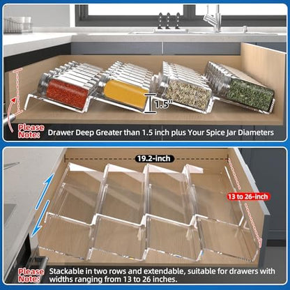 MIUKAA Clear Acrylic Spice Drawer Organizer, 4 Tier- 2 Set Expandable From 13" to 26" Drawer Seasoning Organizer, Kitchen Spice Rack Tray for Drawer/Countertop (Jars not included)