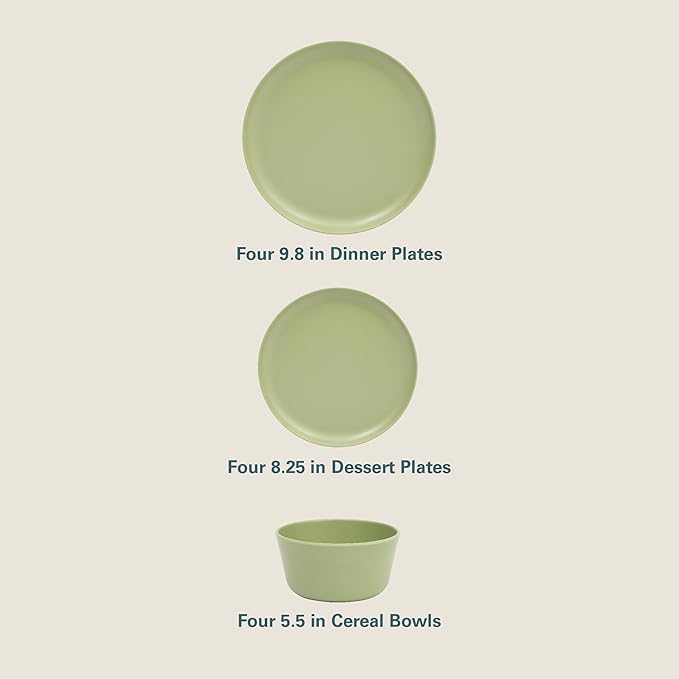 Gibson Home Fairhope 12-Piece Matte Green Melamine Dinnerware Set – Durable Lightweight Plates and Bowls, Kitchen Dining Set