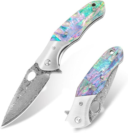 Cottonbell Damascus Pocket Knife Folding Knife for Men Women Unique Rainbow Abalone Shell Handle, with Sharp VG10 Core Damascus Steel Knife for Outdoor Camping Fishing Hiking Hunting Gift