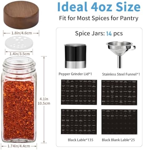 Yangbaga Glass Spice Jars with Labels, 14pcs 4oz Seasoning Organizer Jars