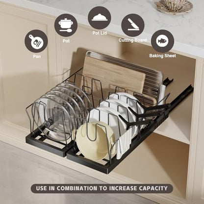 Magheo Pots and Pans Organizer Under Cabinet, 22" Deep Expandable Pull Out Pot Lid Organizer and Storage with 10 Adjustable Dividers No Drill Pot and Pan Holder Rack with Handle Bracket(1 Pack,Black)