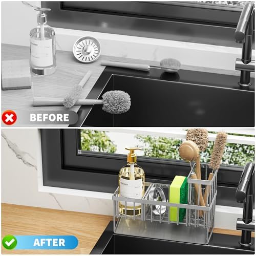 Cisily Sink Caddy Organzier with High Brush Holder, Sponge Holder for Sink, 304 Rustproof Stainless, Kitchen Countertop Soap Dispenser Organizer, Gray Kitchen Decor and Accessories