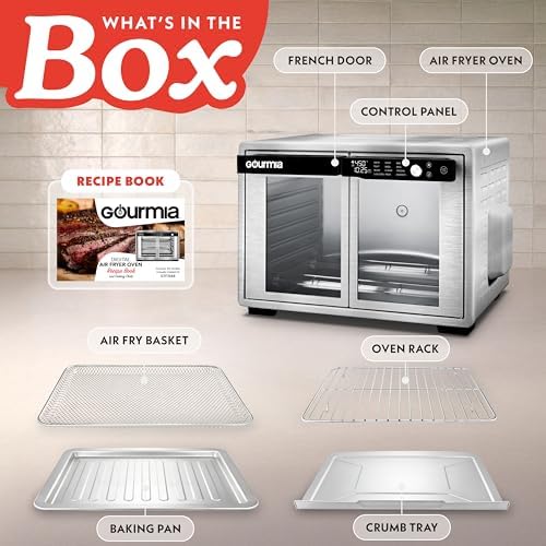 Gourmia French Door Digital Air Fryer Oven - XL 25QT Capacity, 12 Presets, FryForce 360° Tech, Dehydrate, Proof, Slow Cook, Fits 13” Pizza, 1700W, Stainless Steel