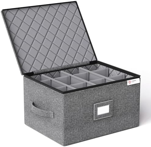 YearningHome Wine Glass Storage Box with Dividers,Hard Shell and Stackable Stemware Storage Containers with Sturdy Handle for Glassware Crystal Storage and Transport,Grey,Holds 12