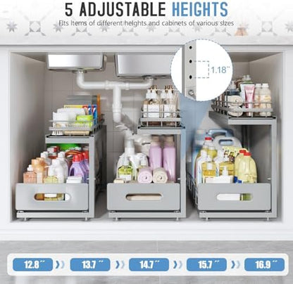 Under Sink Organizer Upgrade To Professional Rails,2-Tier Dual Pull Out Cabinet Storage,Height Adjustable Slide Out Drawers For Bathroom Kitchen,2 Pack-14.5"Dx12.8"-16.9"H,Gun Gray