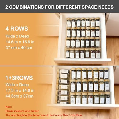Spice Drawer Organizer with 35 Bamboo-lidded Spice Jars,216 Labels,25 Non-slip Rubber, Bamboo 4 Tier Seasoning Rack Tray Insert for Kitchen Drawers,Cabinets,Countertop,14.6" Wide x 15.8" Deep