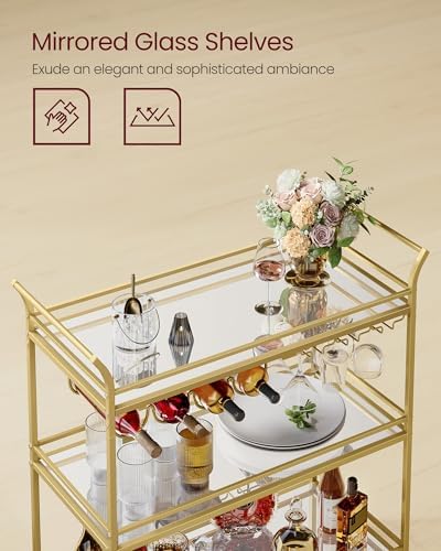 VASAGLE Bar Cart Gold, Large Home Bar Serving Cart with 3-Tier