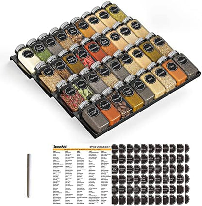 SpaceAid Spice Drawer Organizer with 36 Spice Jars, 386 Spice Labels, 4 Tier Seasoning Rack Tray Insert for Kitchen Drawers, 16.75" Wide x 17.5" Deep