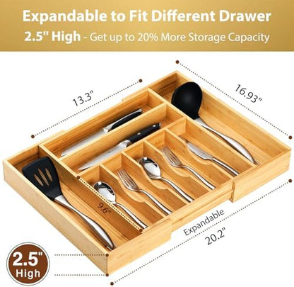 Umilife Large Expandable Kitchen Silverware Utensils Drawer Organizer, 2.5" Extra High Adjustable Drawer Divider with Curved Grooves, Bamboo Wood Cutlery Tray Flatware Holder