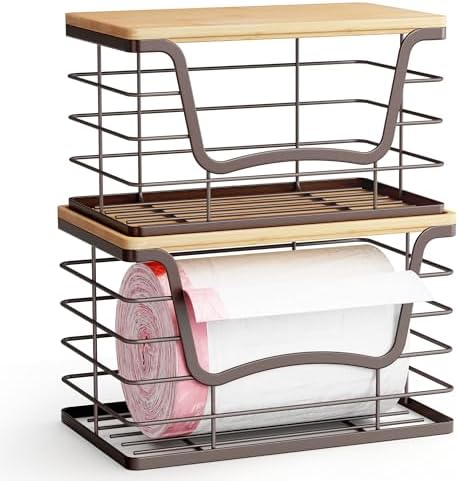 ALOCEO 2 Pack Stackable Wire Storage Basket with Bamboo Lid, Stainless Steel Extra Large Trash Bag Dispenser Roll Holder for Kitchen Sink, Laundry, Pantry Organizer and Storage, Brown