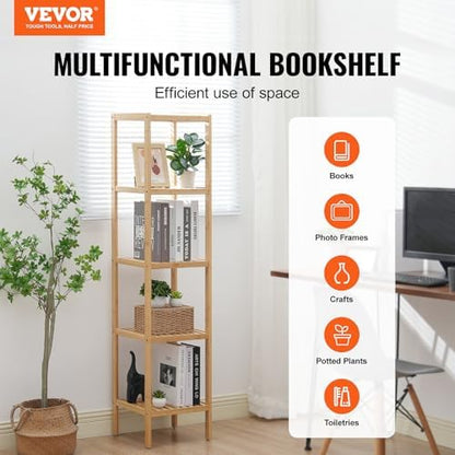 VEVOR 5-Tier Bathroom Standing Shelf, Narrow Shelving Unit, Display Storage Rack Organizer, Freestanding Flower Plant Stand, Multifunctional Bamboo Shelf Ideal for Bathroom, Kitchen, Home, Natural