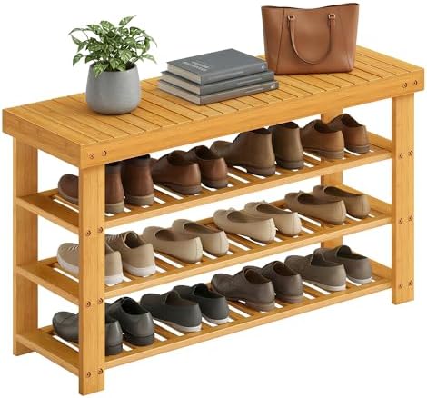 SONGMICS Shoe Rack Bench, 4 Tier Bamboo, 11.3 x 35.2 x 20.5 Inches
