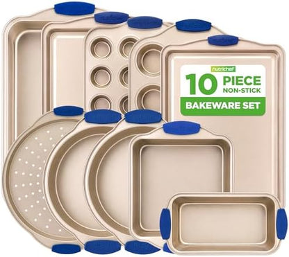 NutriChef Kitchen Oven Baking Pans - Deluxe Nonstick Gold Coating Inside & Outside Carbon Steel Bakeware Set With Blue Silicone Handles, Durable & Reliable Cookie Sheet Oven Pan Style