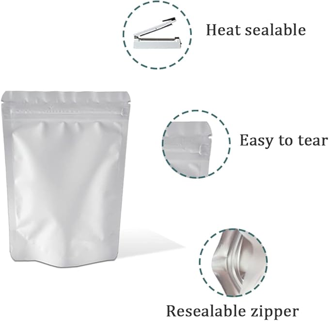 PABCK Stand-Up Resealable Heat Seal Bags 3.55mil Thick Frosted White Foil Sealed Bags 50 Pieces 3.35x5.1 inch for Zip Packaging Lock Food Storage Pouch