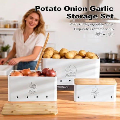 Metal Potato Onion Garlic Storage Tin Set of 3, White