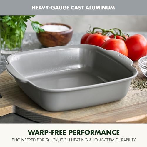 GreenPan Premiere Ovenware Healthy Ceramic Nonstick 8" Square Cake Baking Pan, Cast Aluminum Bakeware, Warp-Free, Oven and Broiler safe to 600F, Dishwasher Safe, PFAS-Free, Gray