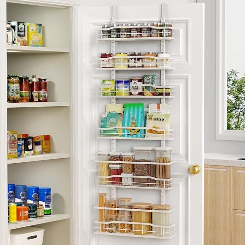 Moforoco White 6-Tier Over Door Pantry Organizer, Pantry Organization Storage, Door Metal Hanging Spice Rack Basket Shelves, Home Kitchen Apartment Essentials, Laundry Room Bathroom Organization