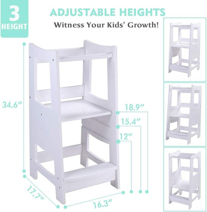 Toddlers Kitchen Step Stool with Safety Rail Kids Wooden Standing Tower for Kitchen Counter and Bathroom Sink, 3 Heights Adjustable Step Up Stool Mothers' Helper, Solid Wood Construction, White