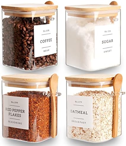 CZZGSM Set of 4 Square Glass Jar with Bamboo Lids and Spoons – Airtight 27 oz Borosilicate Glass Food Storage Contaienrs with 132 Kitchen Pantry Labels for Coffee, Tea, Sugar