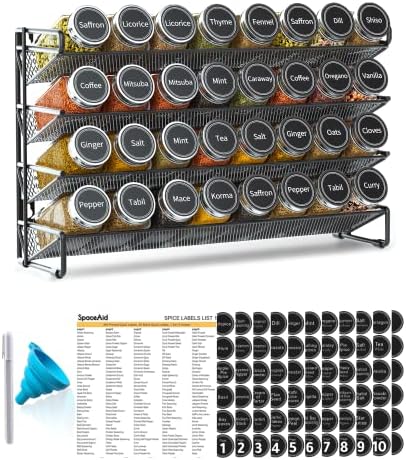 SpaceAid Spice Rack Organizer with 32 Spice Jars, 386 Spice Labels, Chalk Marker and Funnel Set for Cabinet, Countertop, Pantry, Cupboard or Door & Wall Mount - 32 Jars, 15.3" W × 10.8" H, Black