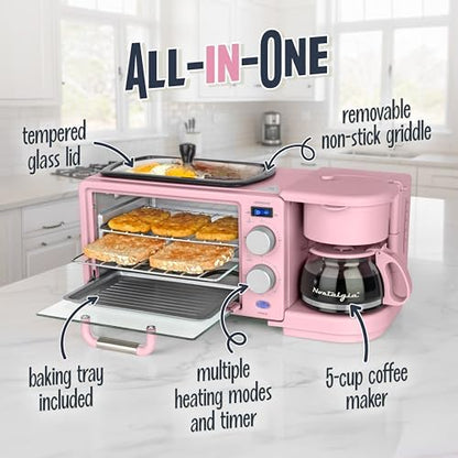 Nostalgia 3-in-1 Retro Breakfast Station - Includes 5 (4 Oz) Cup Coffee Maker, Non-Stick Ceramic Griddle, and 4-Slice Toaster Oven - Built-In Timer, Reusable Coffee Filter, Space-Saving Design - Pink