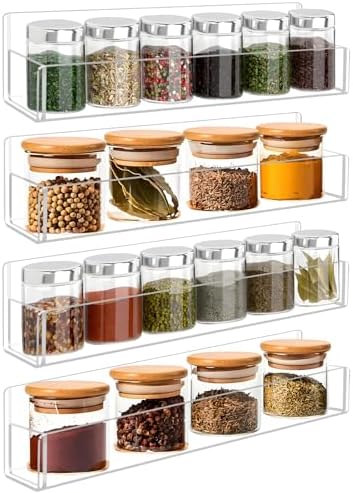 Acrylic Spice Rack Wall Mount-12 Inch, Clear Spice Shelf Storage Holder, 4 Pack Hanging Seasoning Rack Organizer for Cabinet Door, Cupboard or Wall Kitchen (Adhesive or Screw)