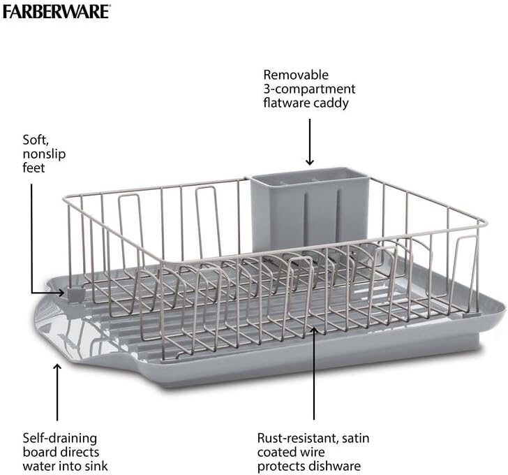 Farberware Classic 3-Piece Dish Drying Rack Set, Gray - Rust-Resistant Dish Rack for Kitchen Counter with Self-Draining Board and Flatware Caddy