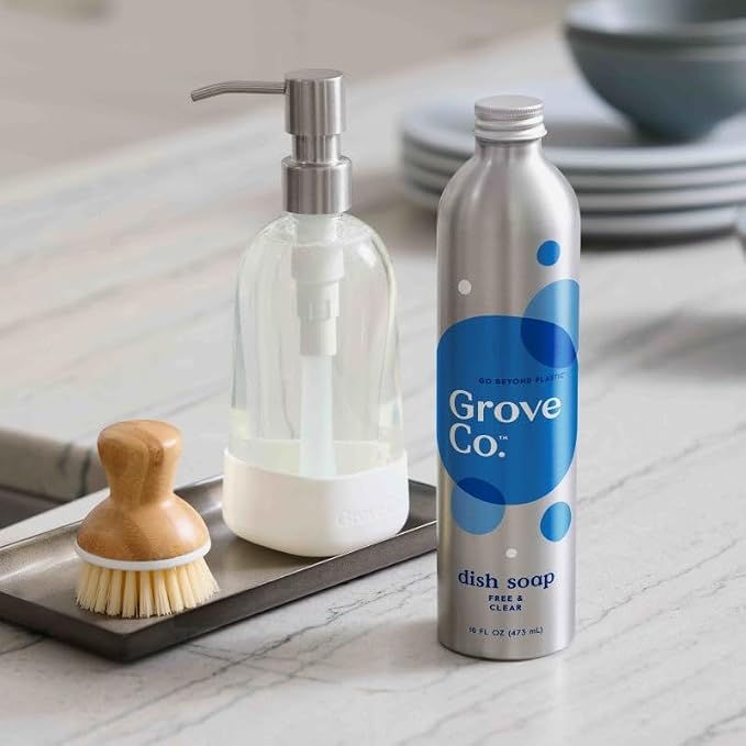 Grove Co. Dish Soap Refills, 3 x 16 fl oz Refills, Free & Clear | Plastic-Free; Removes Stuck on Food; USDA Biobased; 98% plant-based ingredients; Natural Fragrance