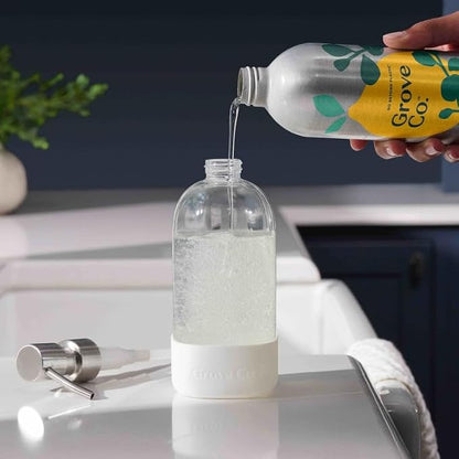 Grove Co. Dish Soap, 3 x 16 fl oz Refills + Refillable Glass Dispenser | Free & Clear; Plastic-Free; Reusable dispenser; Refill format; Removes Stuck on Food; 98% plant-based ingredients