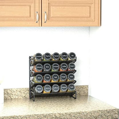 SpaceAid Spice Rack Organizer with 20 Spice Jars, 386 Spice Labels, Chalk Marker and Funnel Set for Cabinet, Countertop, Pantry, Cupboard or Door & Wall Mount - 20 Jars, 9.8" W × 10.8“H, Black