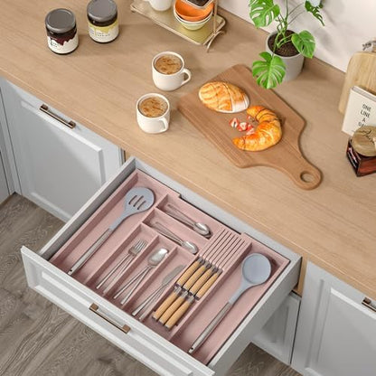 TIOPGHAD Expandable Bamboo Silverware Drawer Organizer Tray, Grey Pink