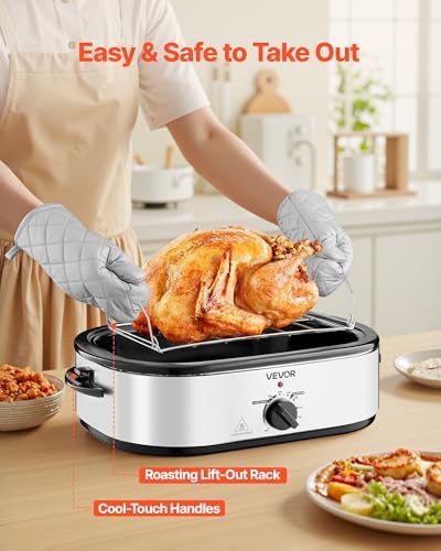VEVOR Roaster Oven, 18QT Electric Roaster Oven, 150-450℉ Adjustable Temperature Electric Roasting Pan with Self-Basting Lid, Cool-Touch Handle, Defrost & Warm Function, Stainless Steel Turkey Ovens