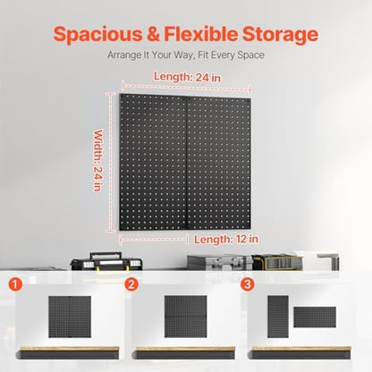 VEVOR Metal Pegboard Panels, 24" x 12" Pegboard, 2 Panels, Heavy Duty Steel Peg Board Wall Organizer, for Living Room Garage Tool Storage Workbench Office Organization Craft Room Kitchen Home, Black